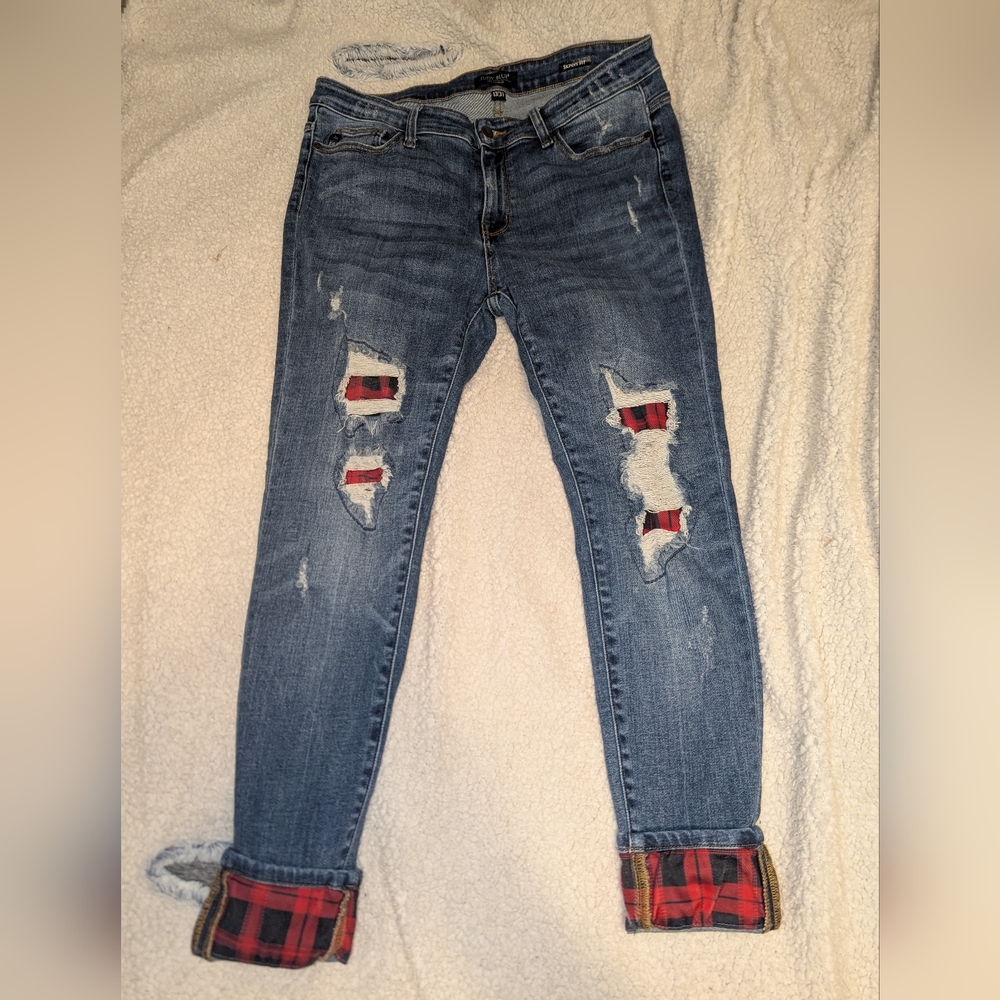 Women’s Blue Distressed Jeans with Red Plaid Lining